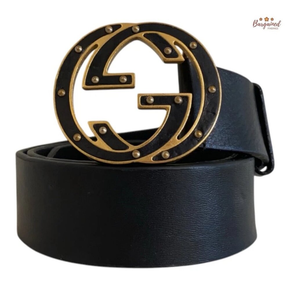 Authentic Gucci Black Leather Gold Studded Interlocking G Buckle Belt Size 80/32